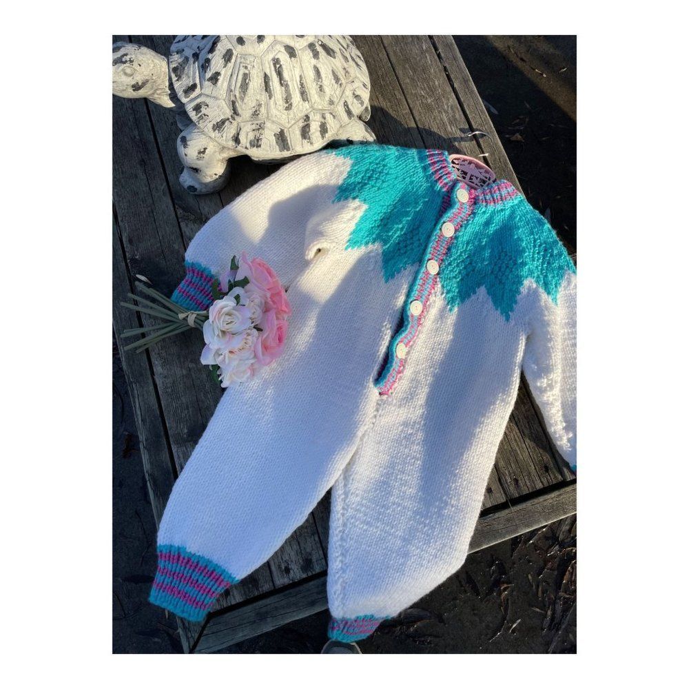 Vintage 80s Hand Knit Romper Sleeper White Purple Turquoise